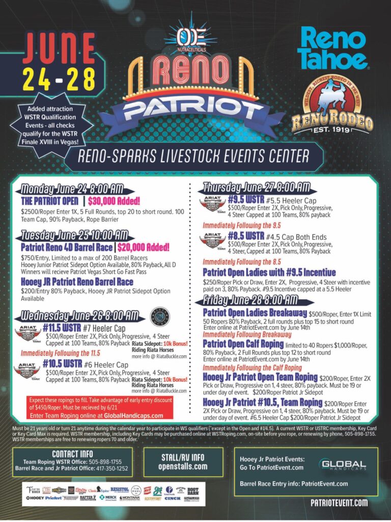 Reno Patriot rodeo event poster for June 24-28 at Reno-Sparks Livestock Events Center, featuring barrel racing, roping, and WSTR qualification events with prize money and entry details