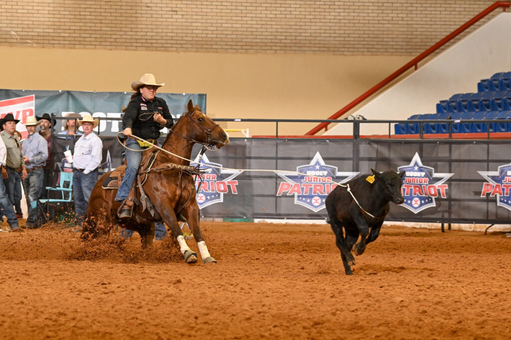 Cowgirl on brown horse chases black calf across dirt arena at rodeo event with spectators watching from stands