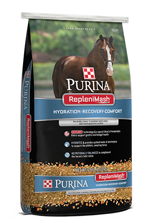 Purina ReplenaMash horse feed bag featuring a brown horse with white blaze against a green background