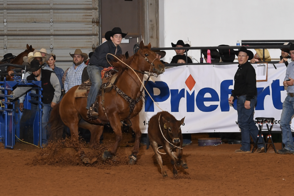 Cowboy on horseback roping a steer during a rodeo event, with spectators and a PriorityLender-branded barrier visible in the arena background