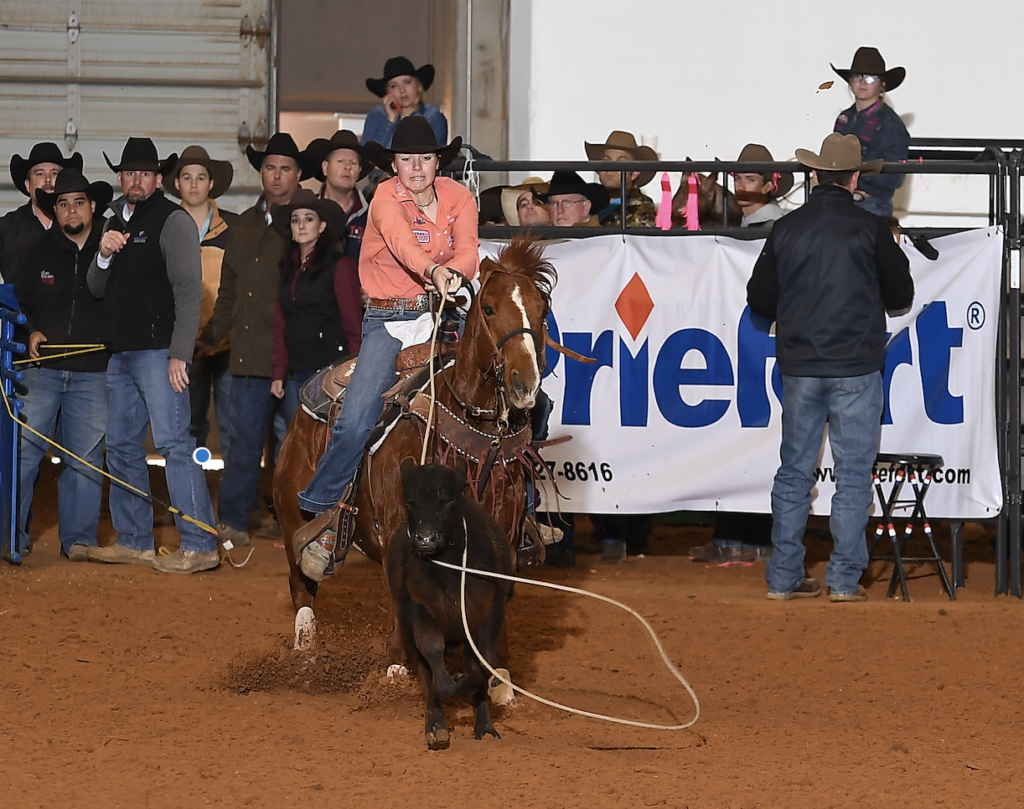 Rodeo competitor on horseback holding a lasso in an indoor arena with spectators and sponsor banners visible in the background