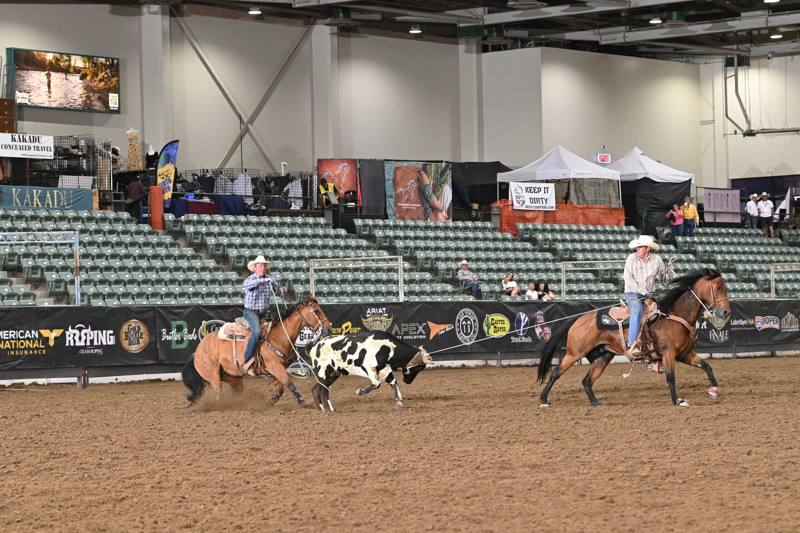 Cowboys on horseback work a black and white steer during a steer roping event at an indoor rodeo arena with sparse spectator seating