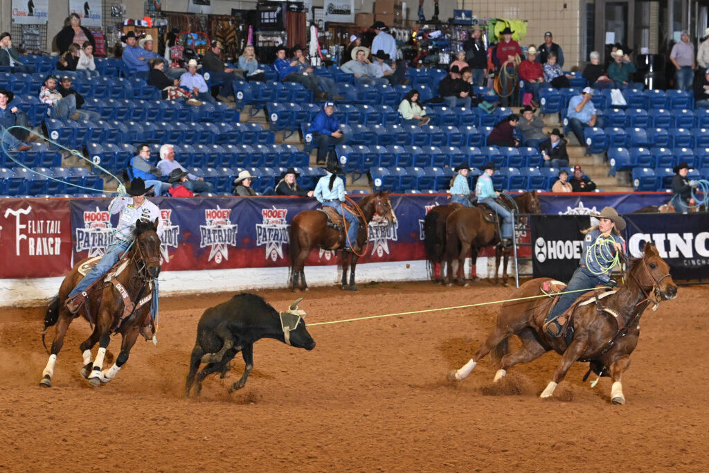 Two cowboys on horseback work together to rope a black steer during a ranch sorting competition in an indoor arena with spectators in blue seats