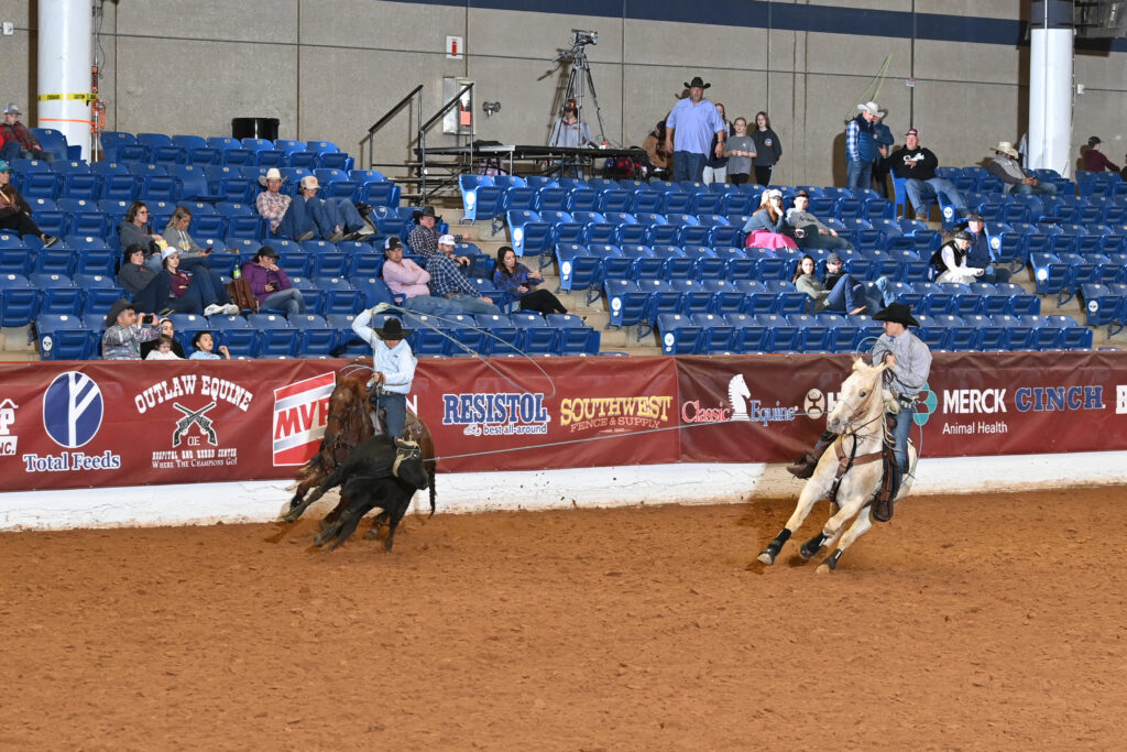 Two cowboys on horses compete in ranch sorting at an indoor arena with sparse spectator seating