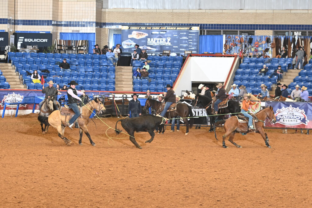 Cowboys rope a steer during a ranch sorting competition in an indoor arena with blue seating