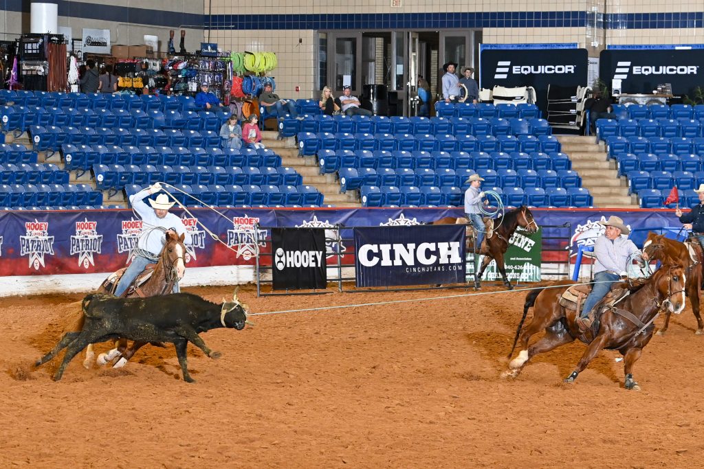 Steer roper on horseback lassoing a black steer during rodeo competition at indoor arena with blue seats and Cinch sponsorship signage