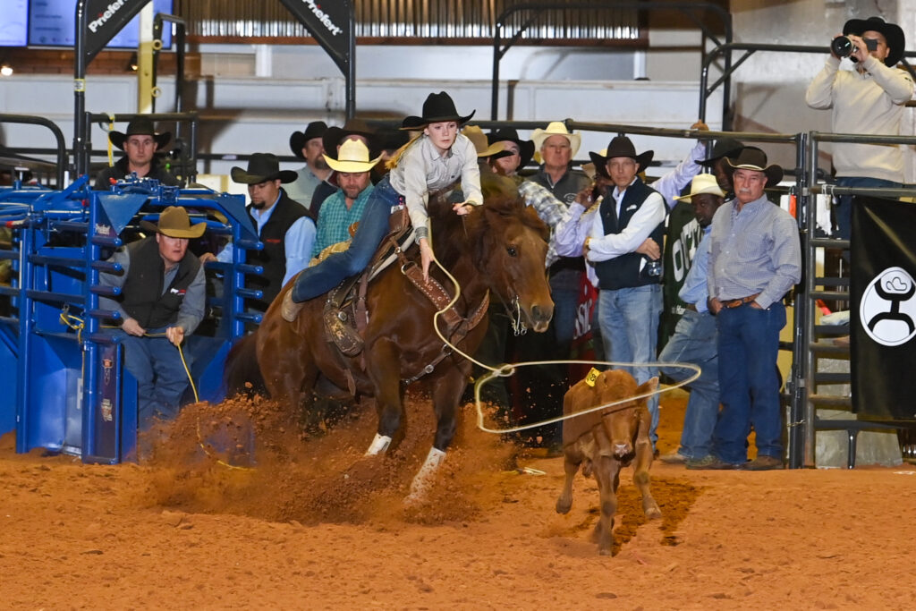 Rodeo competitor on brown horse ropes steer while kicking up dust in arena, with spectators and officials watching from railings