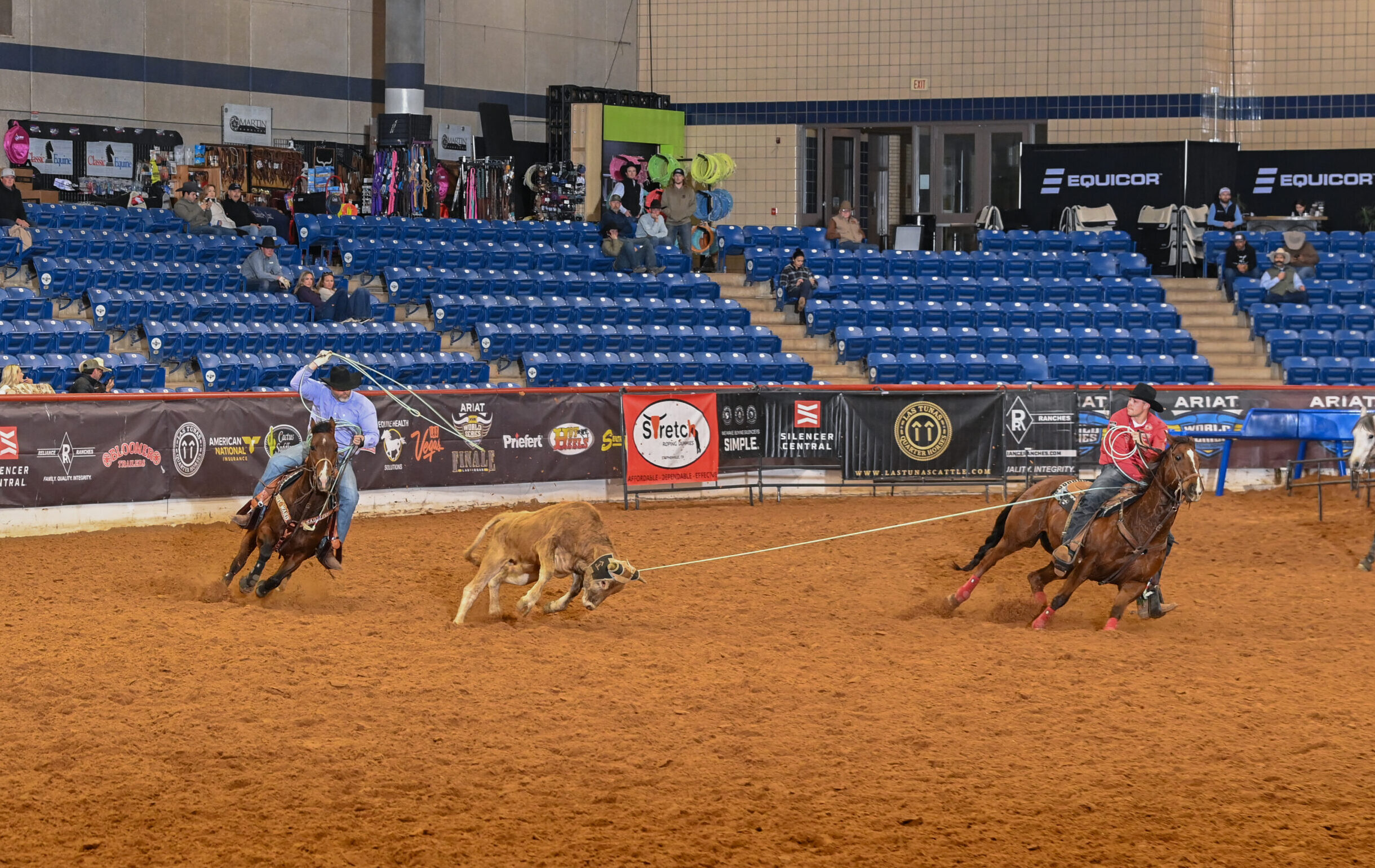 Two cowboys on horseback work together to rope a steer during a ranch sorting competition in an indoor arena