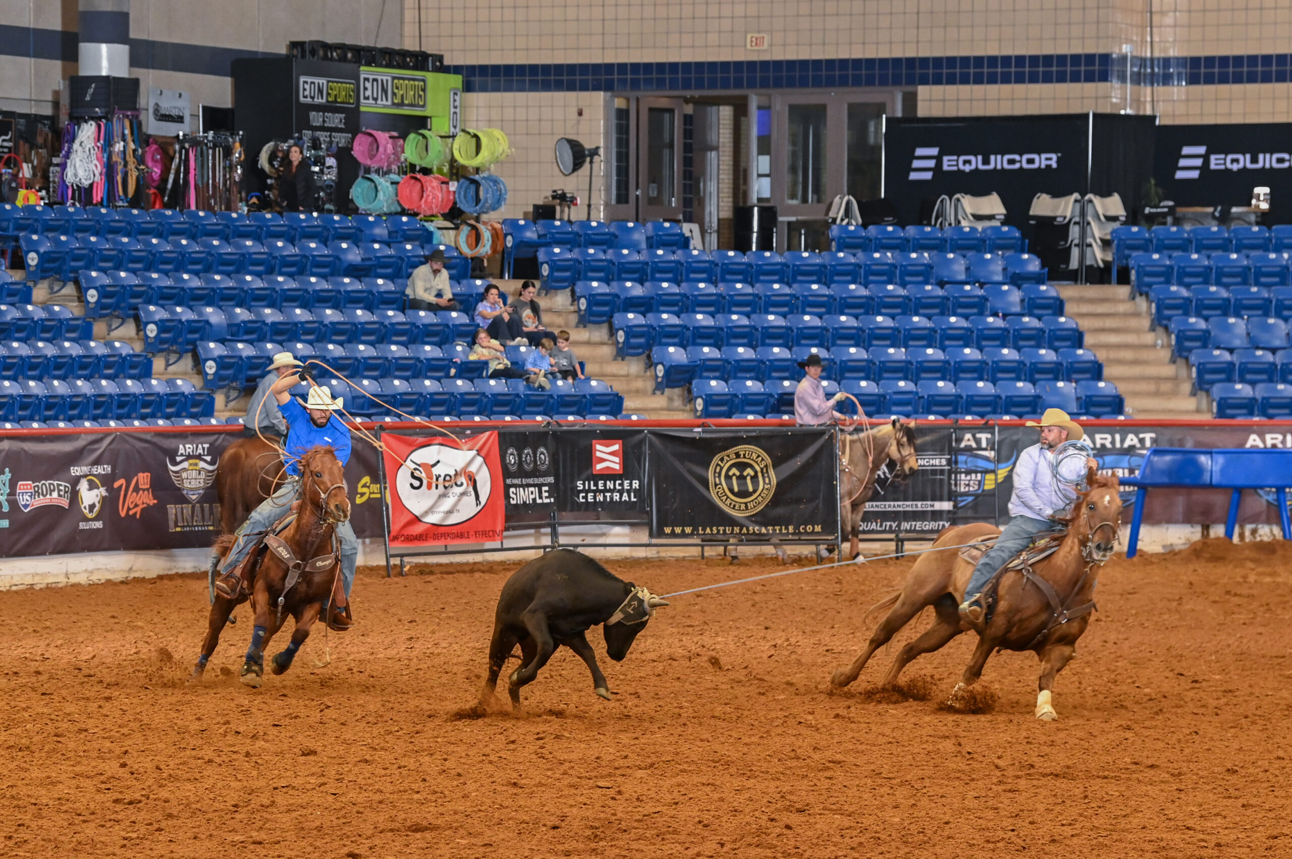 Two team ropers on horseback pursue a black steer across a dirt arena during a rodeo competition, with spectators in blue seats lining the stadium