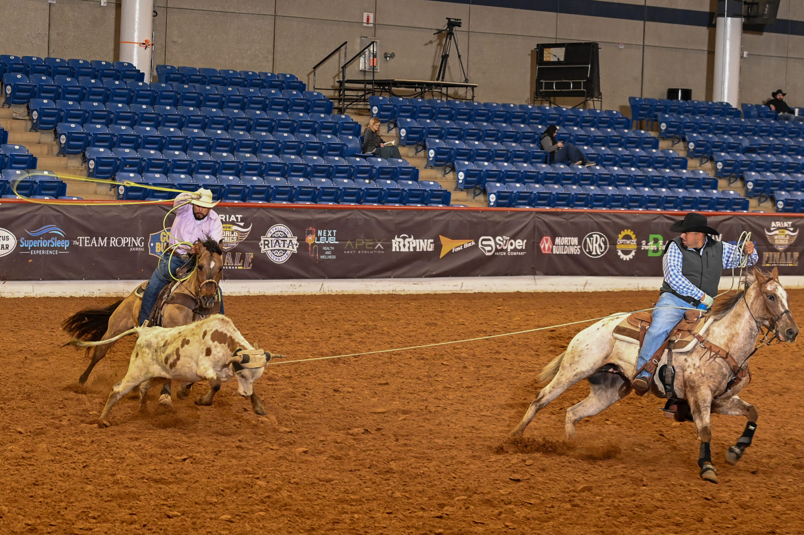 Two cowboys on horses rope a steer during a team roping competition in an indoor arena with blue seating