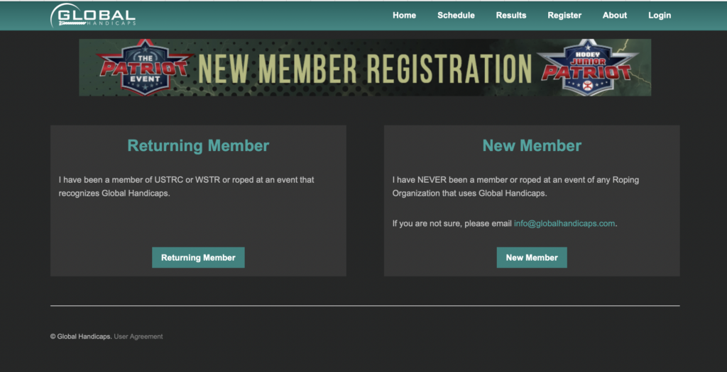 Global Handicaps new member registration page with options for returning members and new members to create accounts