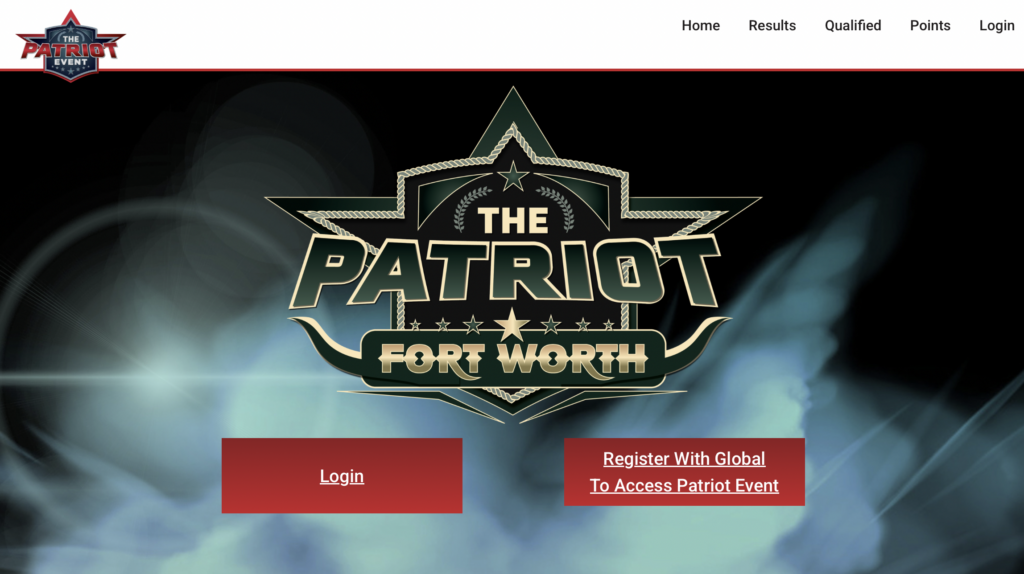 The Patriot Fort Worth event logo in gold and black on a dark background with Login and Register With Global To Access Patriot Event buttons below