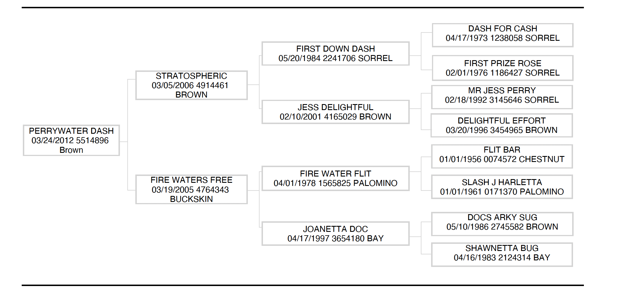 Pedigree chart showing bloodline for racehorse Perrywater Dash, displaying ancestors from 1956 to 2012 with registration numbers and coat colors