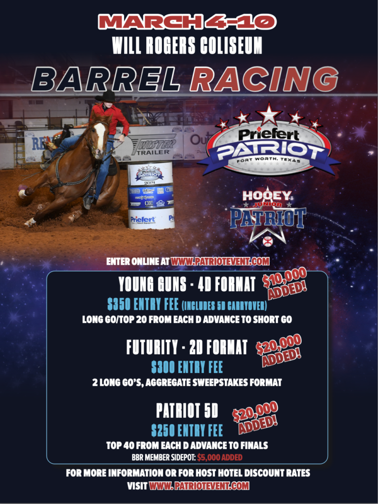 Barrel racer on horseback rounds a barrel at Will Rogers Coliseum during the Hooey Patriot event, March 4-10, with entry fees and prize purses listed below