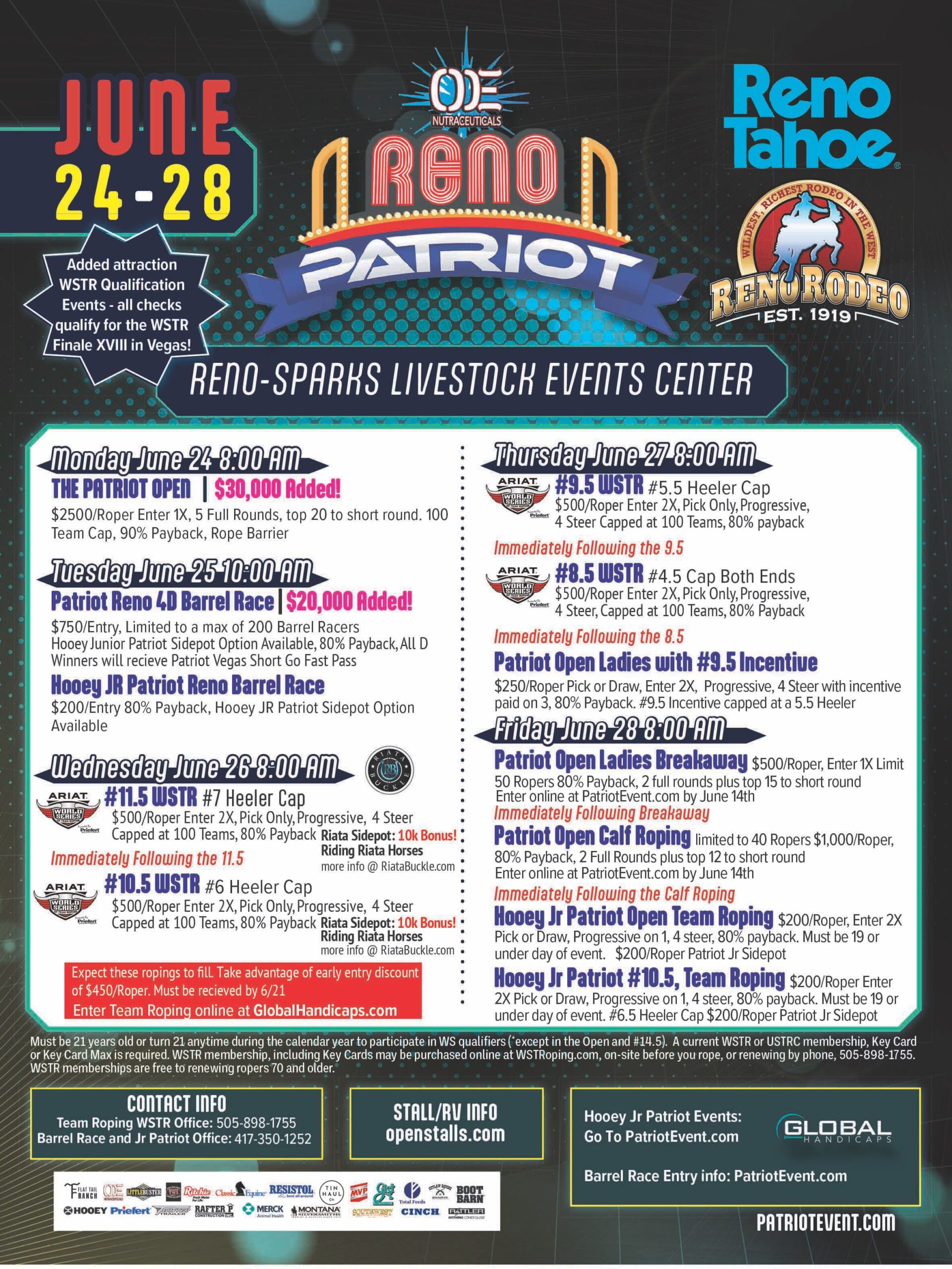 Reno Patriot rodeo event flyer for June 24-28 at Reno-Sparks Livestock Events Center, listing multiple WSTR-sanctioned barrel racing and roping competitions with entry fees and payouts
